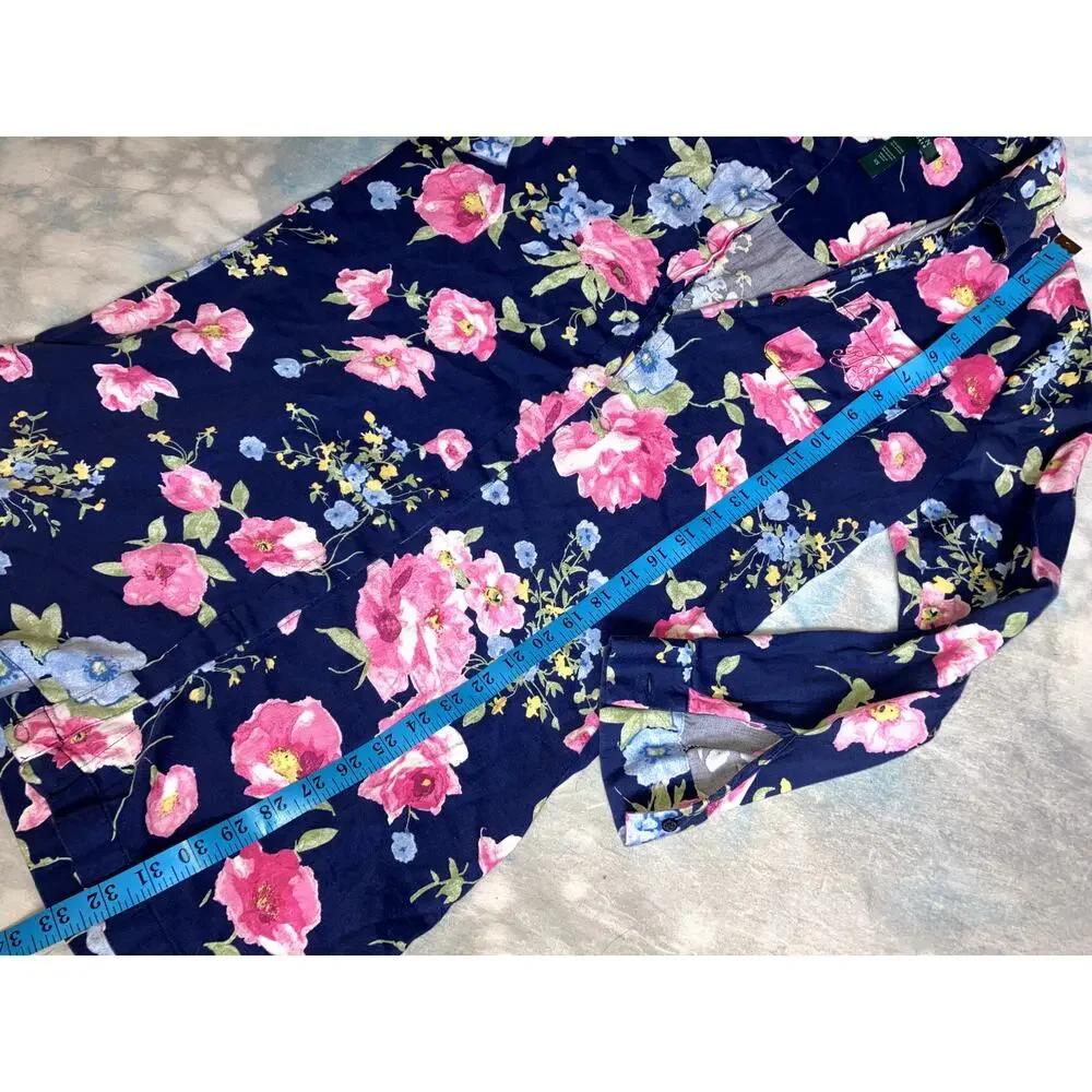 RALPH LAUREN Sleep Dress Floral Print Blue XS Night Gown Shirt PREPPY LOUNGEWEAR